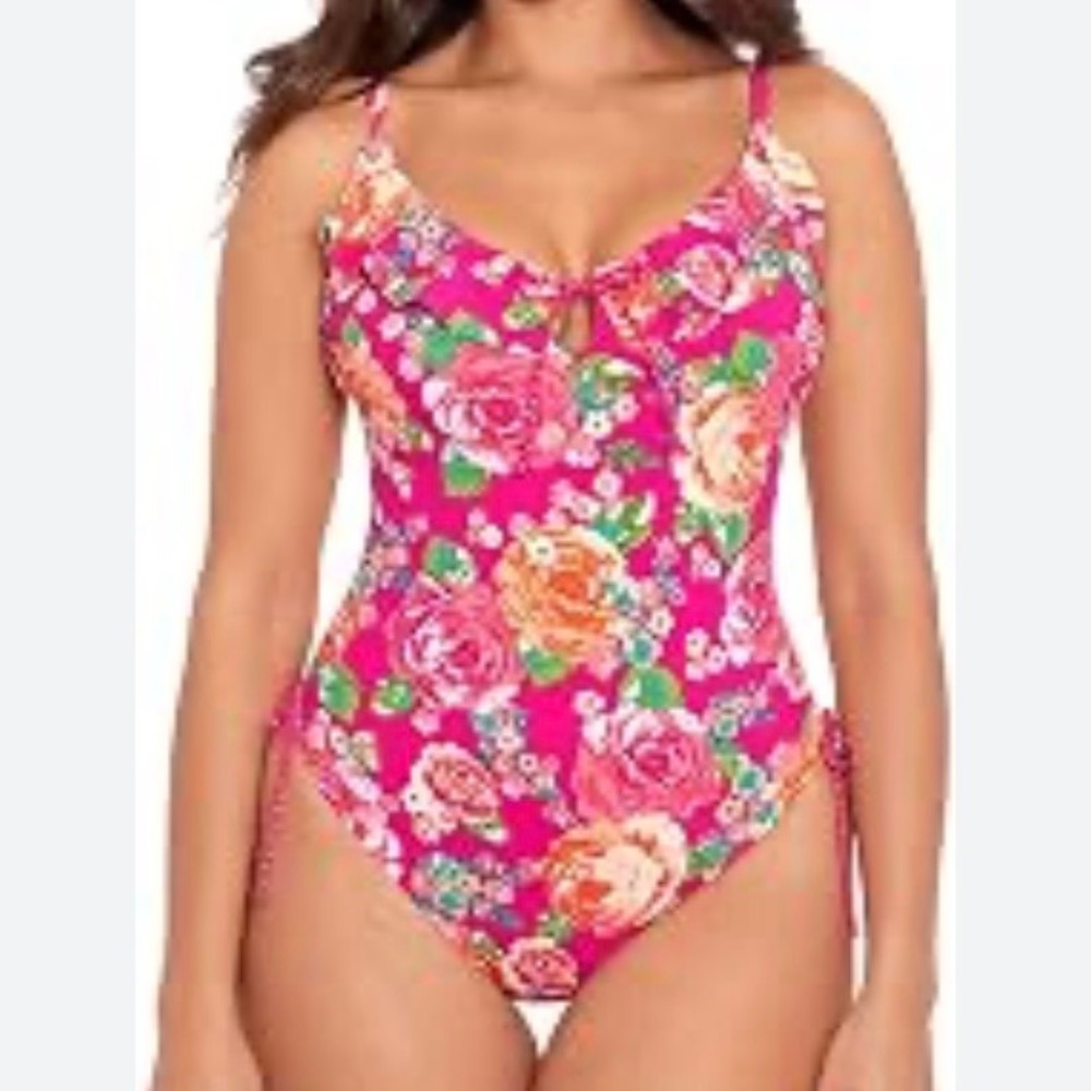 Skinny Dippers Rosalina Floral One Piece Swimsuit Pink Multi Ruffle Size M‎ NEW